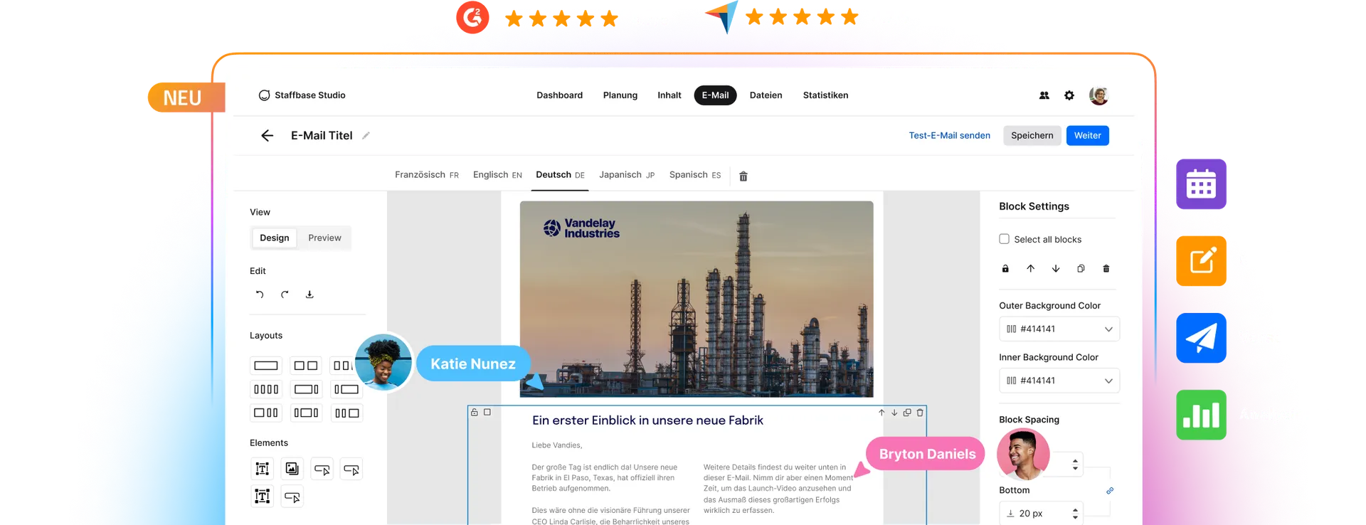 Email design software interface showing a factory-themed email template with customization options on the right panel.