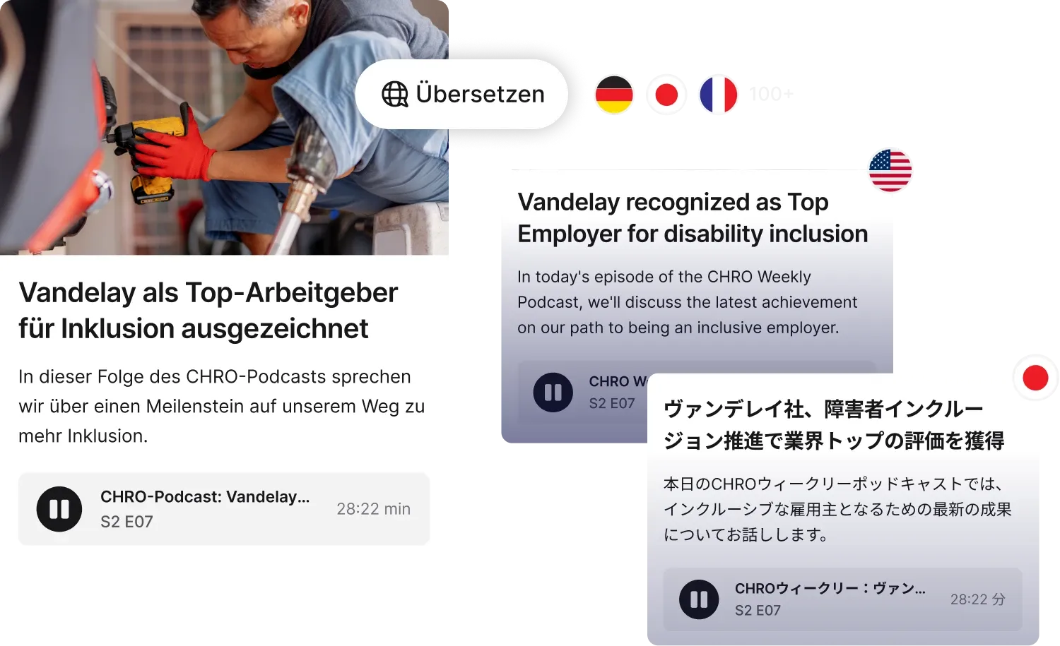 Podcast episode with text in multiple languages discussing Vandelay's recognition as a top employer for disability inclusion.