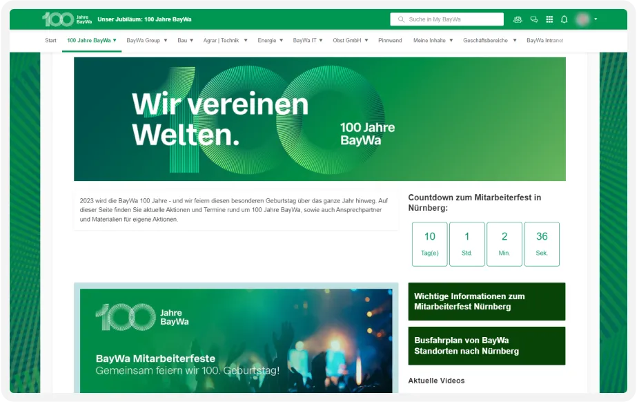 Website celebrating "100 Jahre BayWa" with green-themed design, countdown timer, and event details.