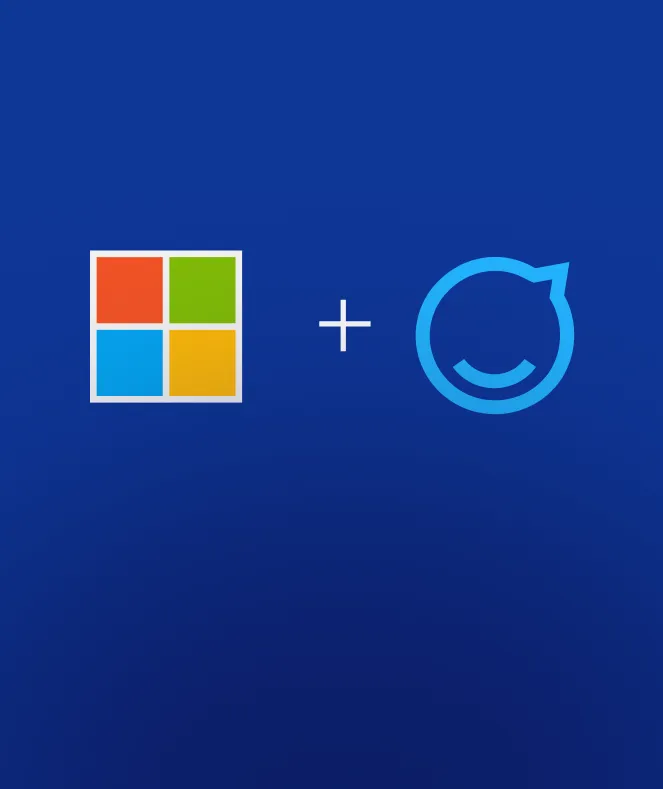 Microsoft logo and a blue circular logo with a smiling face, separated by a plus sign, on a blue background.
