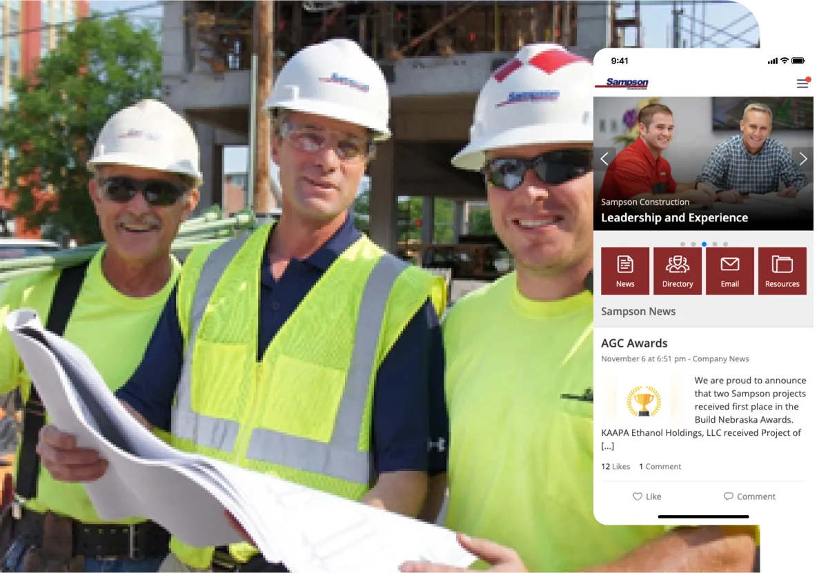 Three construction workers in safety gear holding blueprints, with a mobile app screen displaying company news and awards in the foreground.