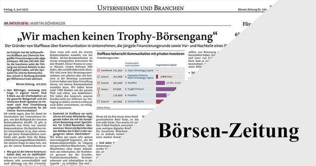 Newspaper page with an interview, charts, and graphs. Headline: "Wir machen keinen Trophy-Börsengang." Title: Börsen-Zeitung.