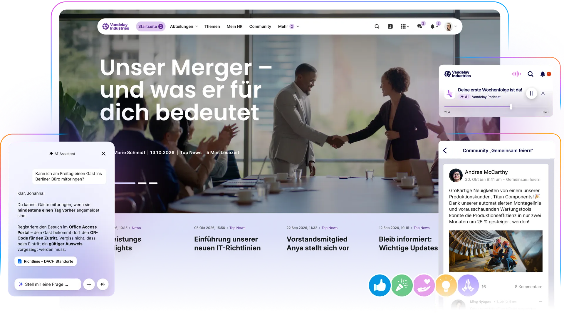 Desktop-Ansicht des Mitarbeiter-Intranets von Vandelay Industries. Die Startseite zeigt die Schlagzeile "Unser Merger – und was er für dich bedeutet" über einem Bild von zwei Geschäftsleuten, die sich die Hand geben. Links ist ein Pop-up des "AI Assistant" sichtbar, der eine Frage zu Gästeanmeldungen beantwortet. Rechts unten sind aktuelle Posts aus dem Newsfeed zu sehen ("Bleib informiert: Wichtige Updates") und rechts oben ein Widget für den "Vandelay Podcast" ("Deine erste Wochenfolge ist da!").