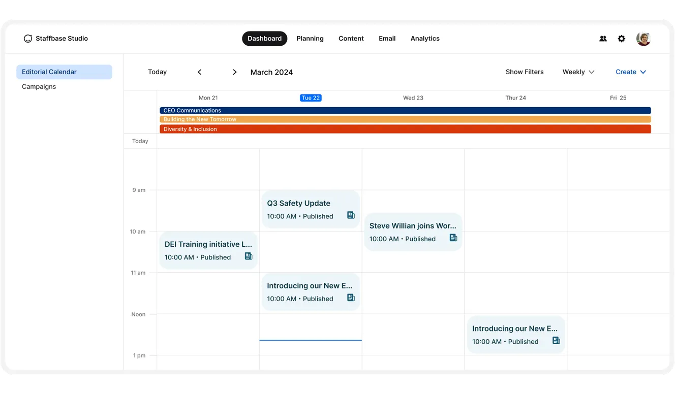 Digital calendar interface displaying events for March 2024, including "CEO Communications" and "Diversity & Inclusion," with time slots and categories.