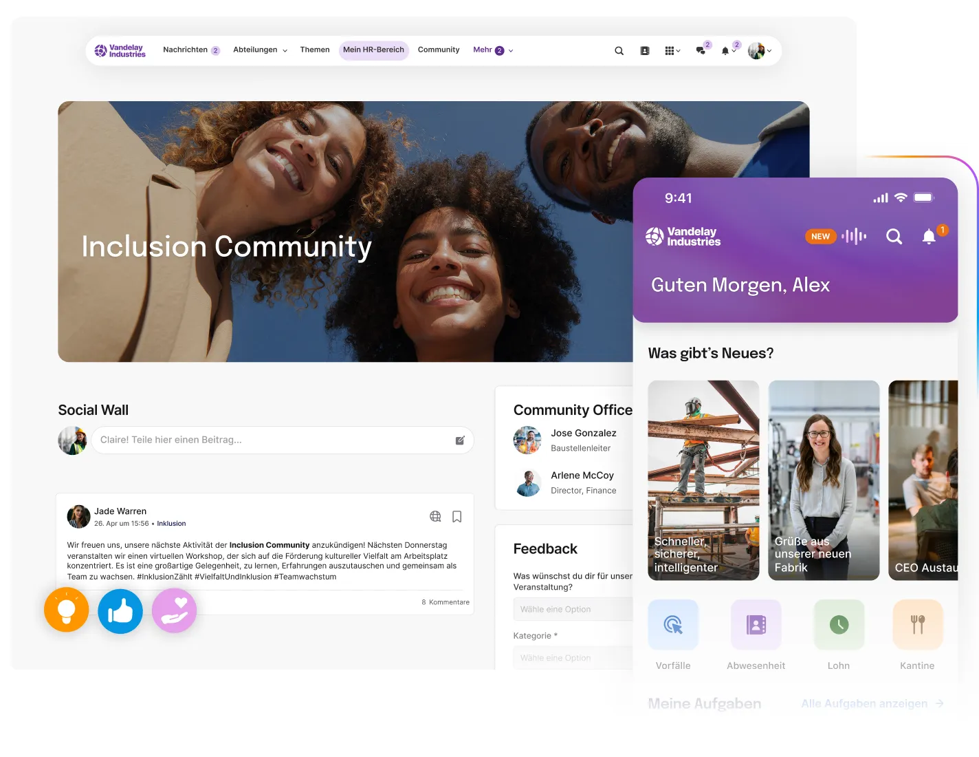 Darstellung einer Intranet-Oberfläche mit einer Inclusion Community, Social Wall und News-Feed. Rechts daneben die mobile Startseite mit Begrüßung und aktuellen Neuigkeiten.