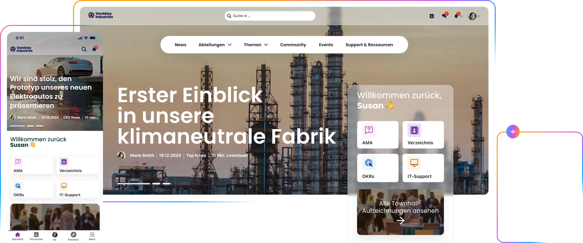 Responsive website design showcasing a climate neutral factory, with navigation menus and communication options like Email, SMS, and Microsoft 365.