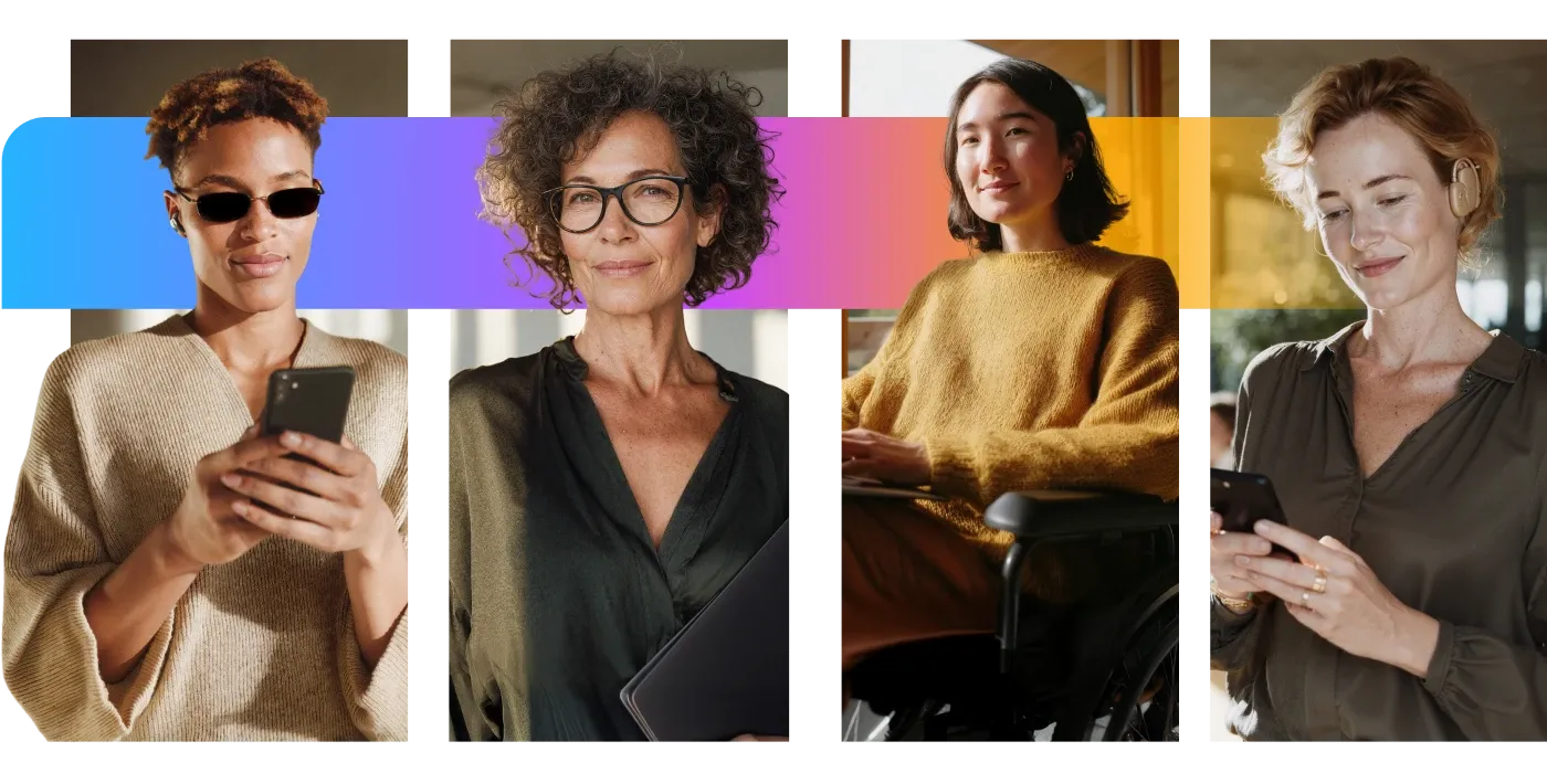 Four diverse women in different settings, each confidently using technology. One is in a wheelchair, others hold phones or tablets.