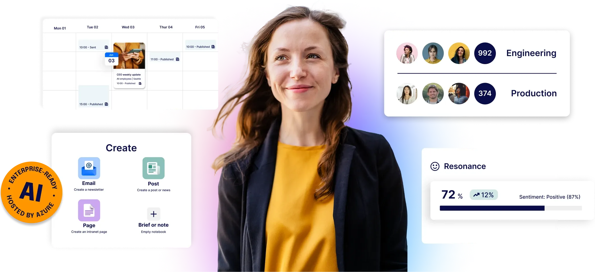 A woman stands confidently, surrounded by digital elements like calendars, user stats, and analytics on a colorful gradient background.