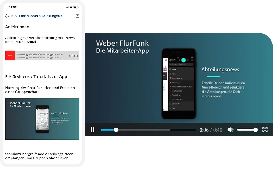 A smartphone screen displays the Weber FlurFunk employee app with navigation options. The background is teal with German text about app features.