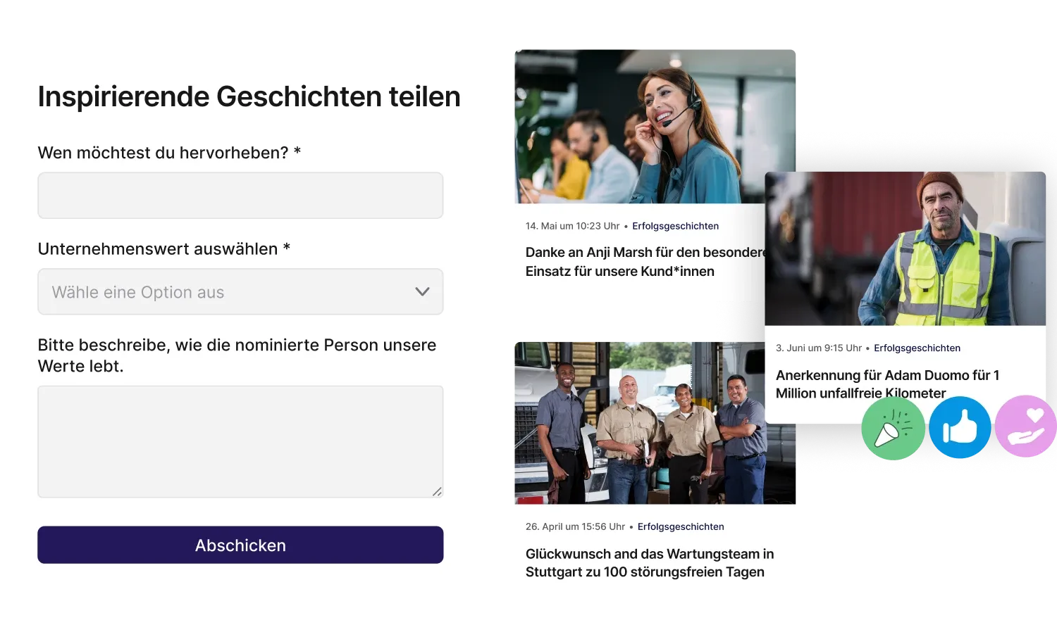 A form for submitting inspiring stories and three images of employees being recognized for their achievements with dates and descriptions.