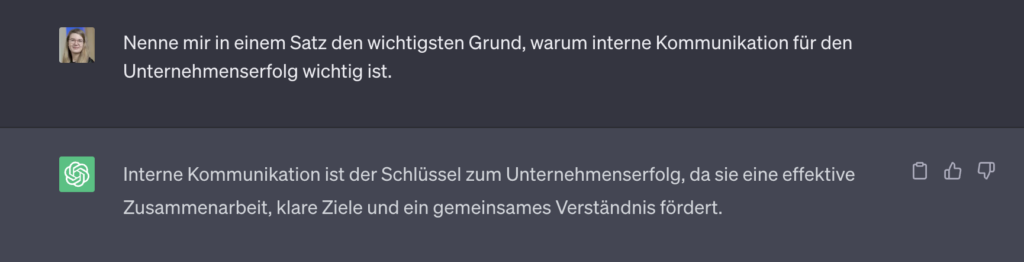 Chatverlauf mit der KI ChatGPT über interne Kommunikation