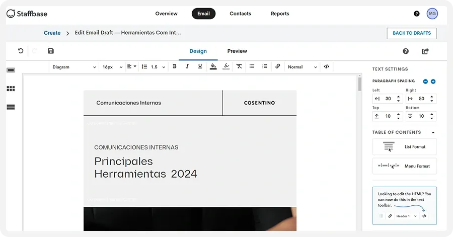 Email draft interface showing a template for "Principales Herramientas 2024" with text settings and table of contents options on the right.