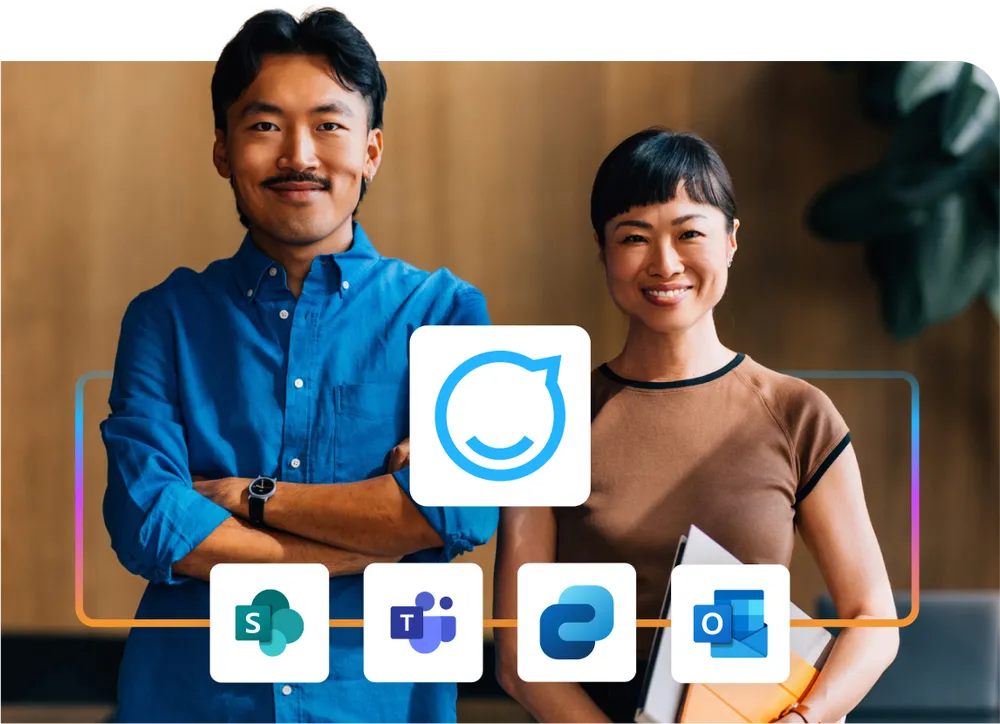 Two people smiling, standing side by side. Overlaid icons: SharePoint, Teams, Power Automate, Outlook, and a central app logo.