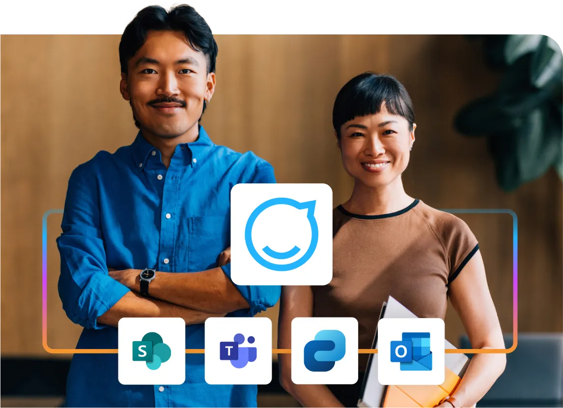Two people smiling, standing side by side. Overlaid icons: SharePoint, Teams, Power Automate, Outlook, and a central app logo.
