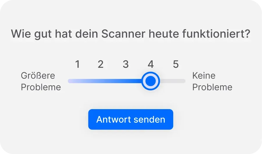 Schieberegler-Bewertung von 1 bis 5 für die Scannerleistung, eingestellt auf 4. Blaue Schaltfläche „Antwort senden“ darunter.