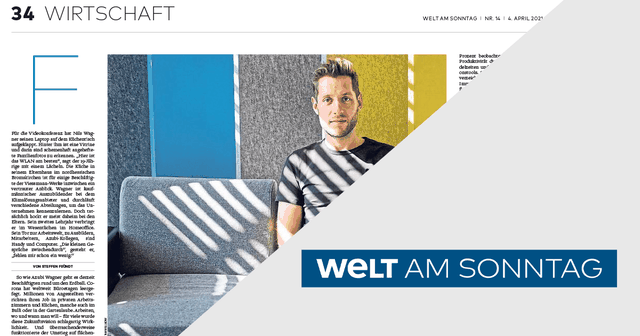 Magazine page with a man sitting on a patterned sofa, colorful wall panels behind him, and text on the left. "WELT AM SONNTAG" logo at the bottom.