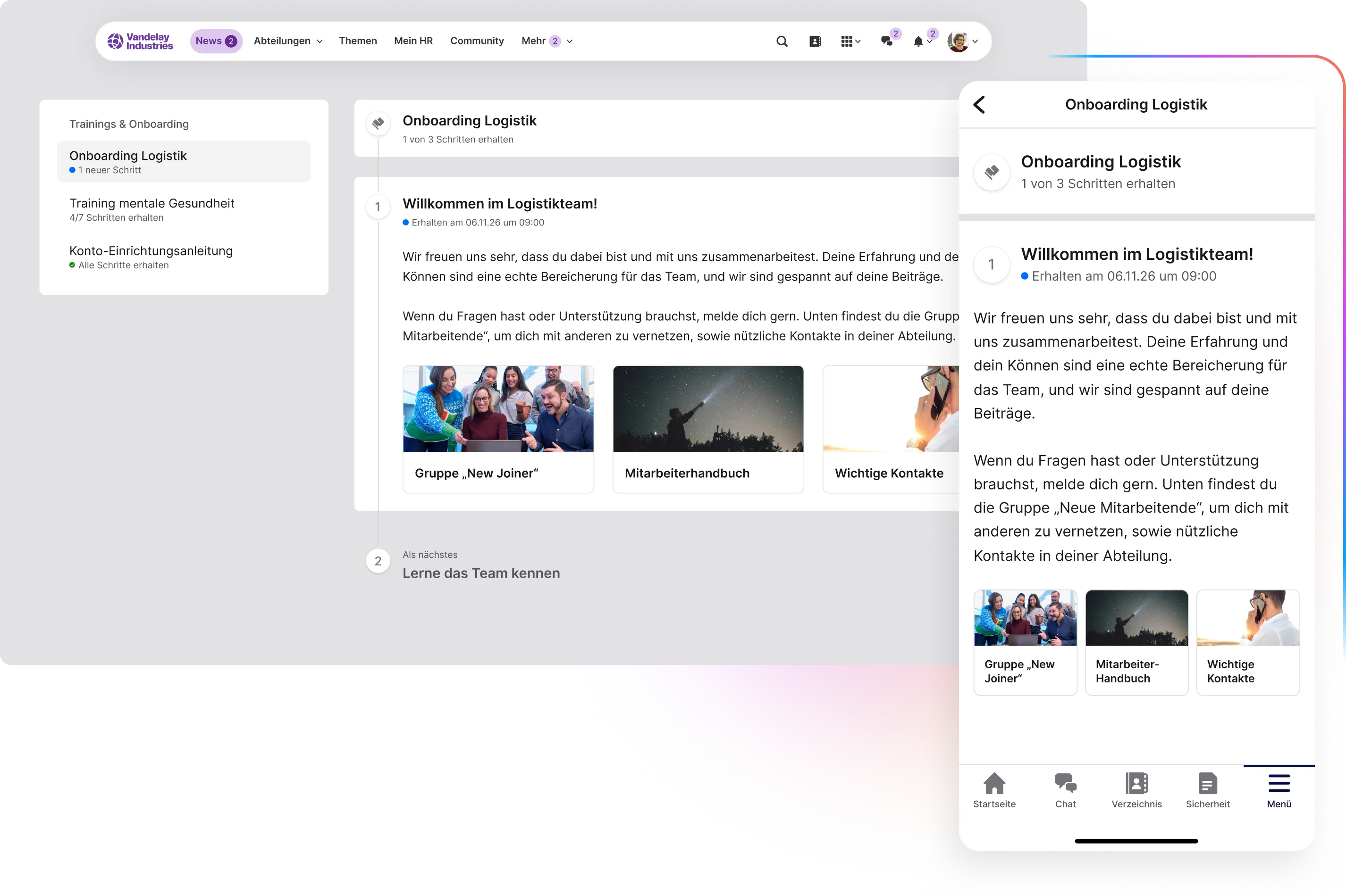 Darstellung einer "Onboarding Logistik"-Journey in der Desktop- und mobilen Ansicht. Die Reise beginnt mit dem ersten Schritt "Willkommen im Logistikteam!", der Kontextinformationen und Quick-Links (z. B. "Mitarbeiterhandbuch", "Wichtige Kontakte") bietet. Die Seitenleiste zeigt den Fortschritt der Journey.