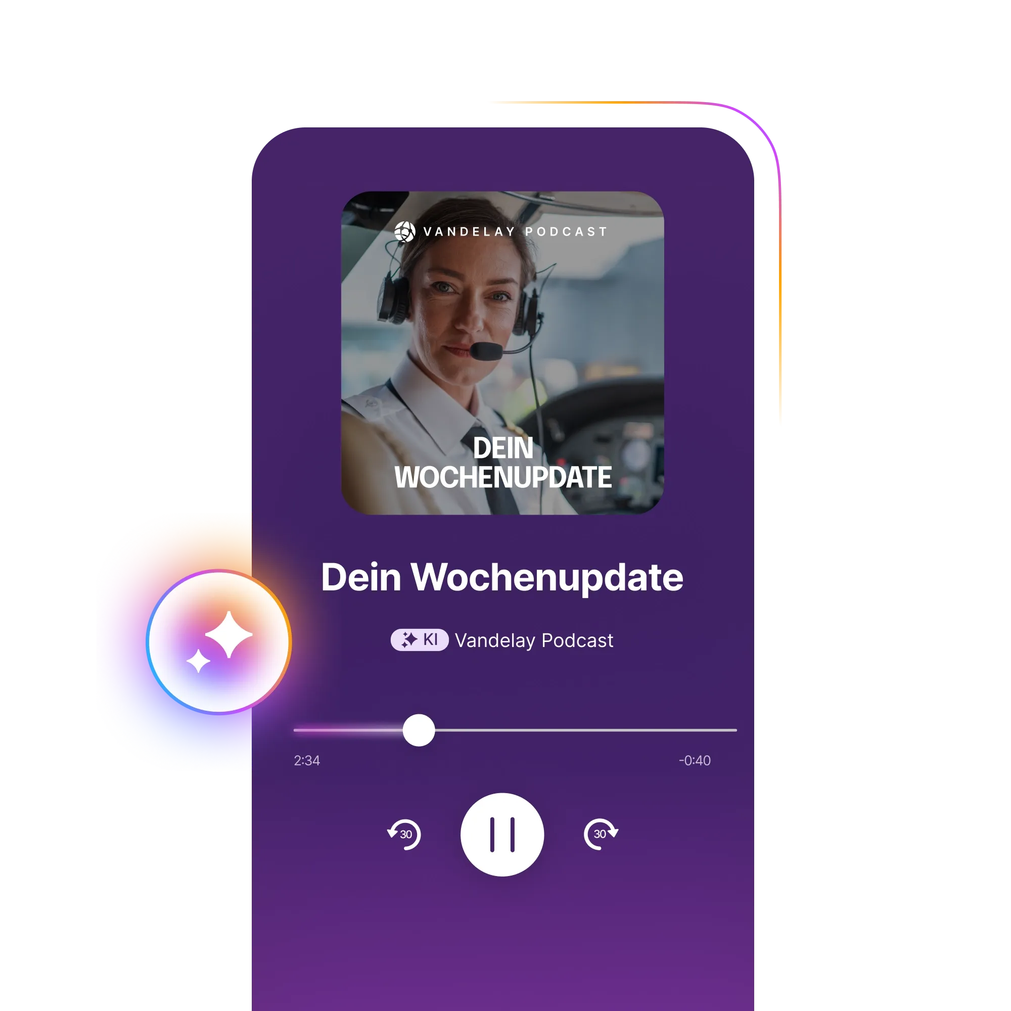 Podcast player interface with a cover image of a person wearing a headset. Text reads "Dein Wochenupdate" and "Vandelay Podcast."