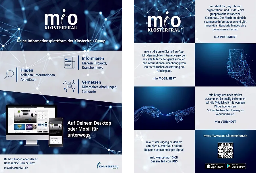 Promotional poster for "mio" by Klosterfrau, featuring a digital network theme, app download links, and text in German about connectivity and information.