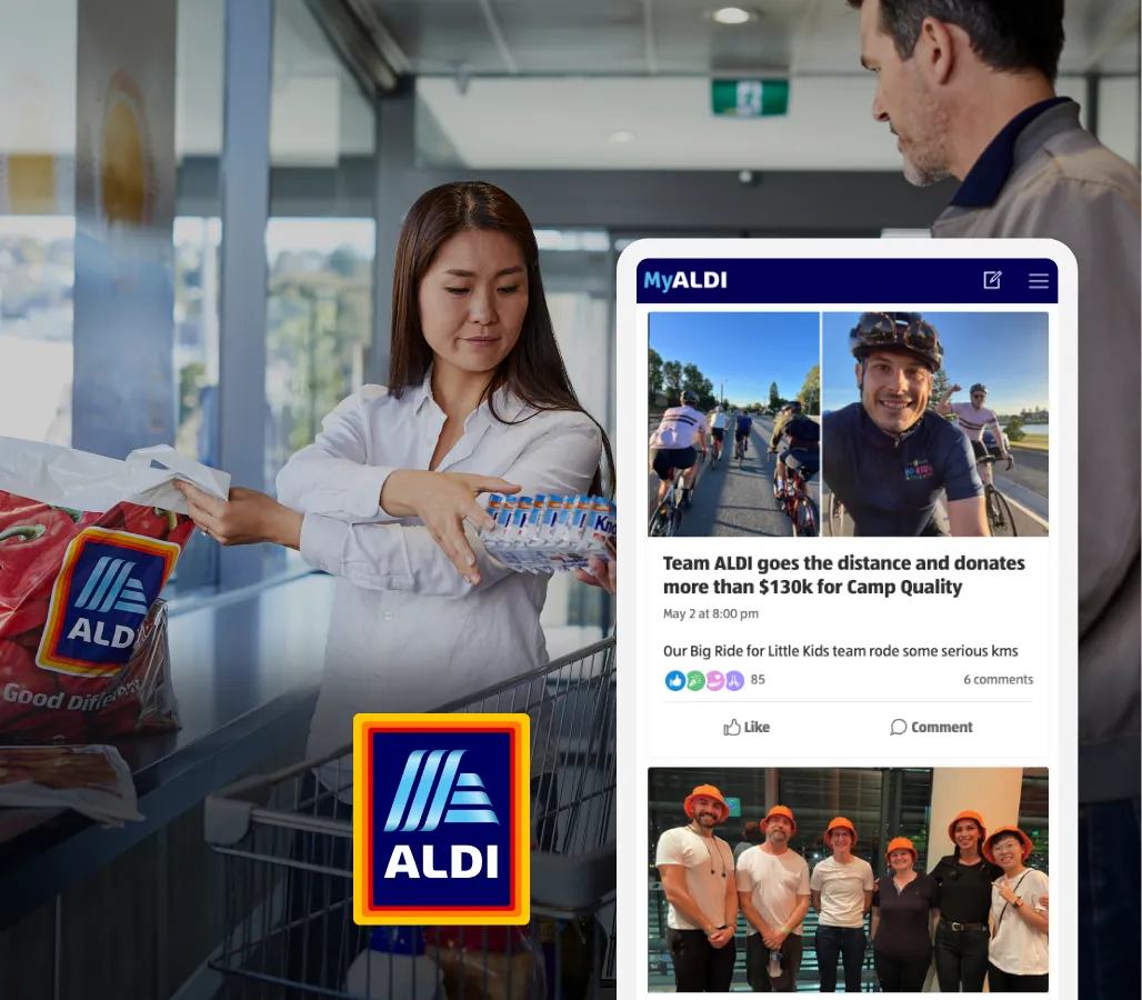 A woman packs groceries at an Aldi checkout. Inset: MyALDI post about a team bike ride raising over $130k for Camp Quality.