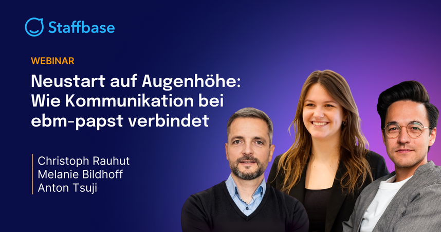 Webinar promo with three speakers: Christoph Rauhut, Melanie Bildhoff, and Anton Tsuji, discussing communication at ebm-papst.