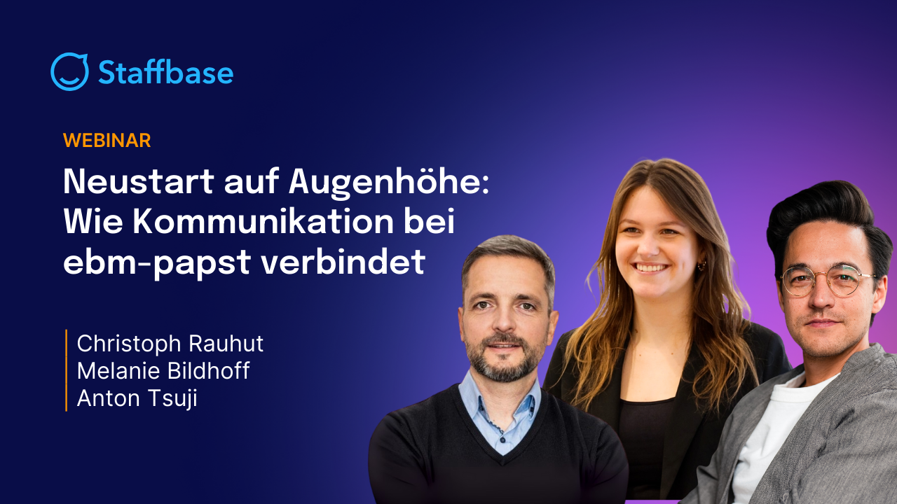 Webinar promo with three speakers: Christoph Rauhut, Melanie Bildhoff, and Anton Tsuji, discussing communication at ebm-papst.