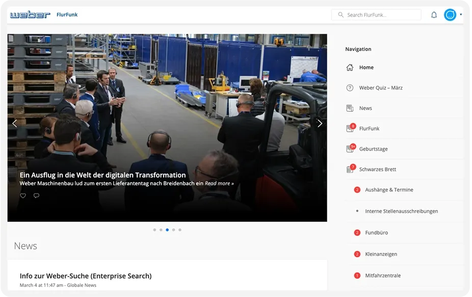 A group of people with headsets in an industrial setting, viewing machinery. A sidebar with navigation links is visible on the right.