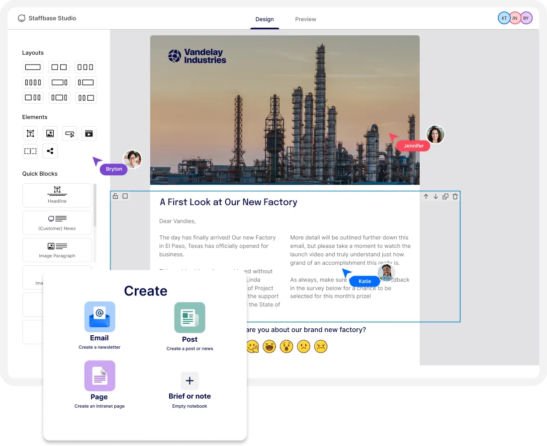 User interface of a design tool showing a webpage layout with industrial imagery, editing options, and user avatars labeled "Bryce" and "Jennifer."