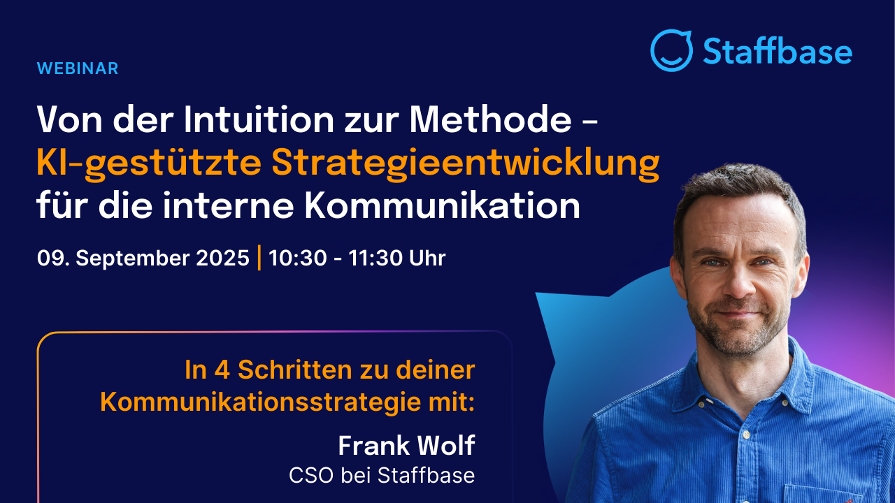 Webinar announcement titled "Von der Intuition zur Methode" with Frank Wolf from Staffbase, scheduled for 09 September 2025, 10:30-11:30 Uhr.