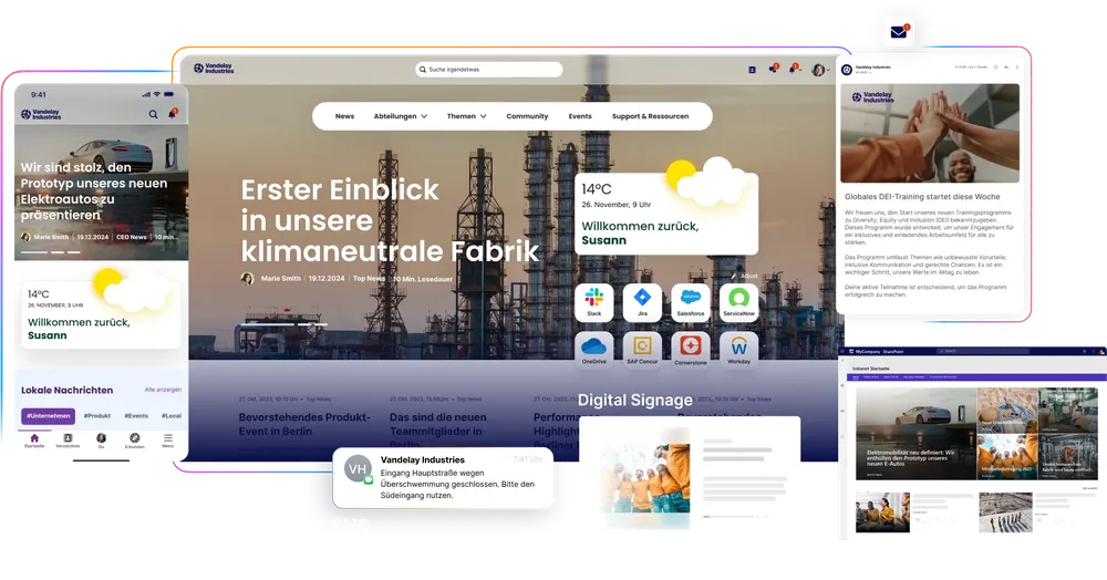 A digital dashboard displaying weather, news, and apps, with a factory background and various widgets for updates and notifications.