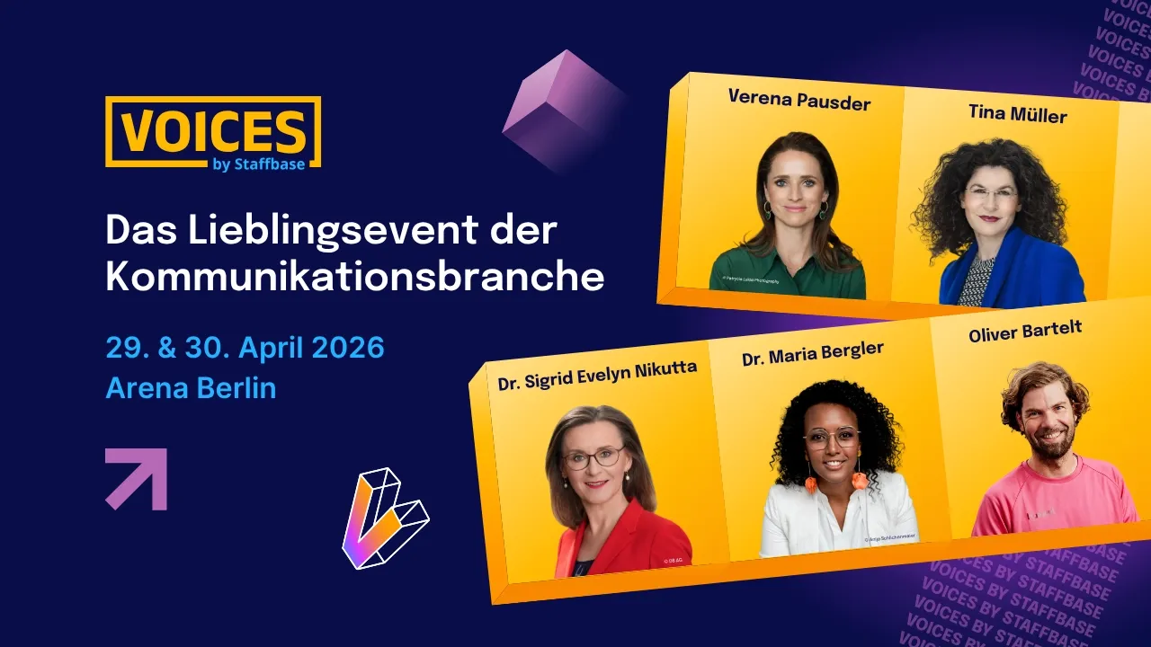 Promotional image for "VOICES by Staffbase" event in Berlin, April 29-30, 2026, featuring speakers Verena Pausder, Tina Müller, and others.