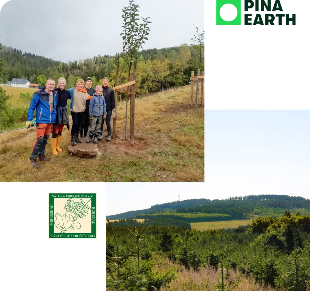 A group of six people planting trees on a hillside, surrounded by lush greenery and forested hills in the background. Logos are visible above.