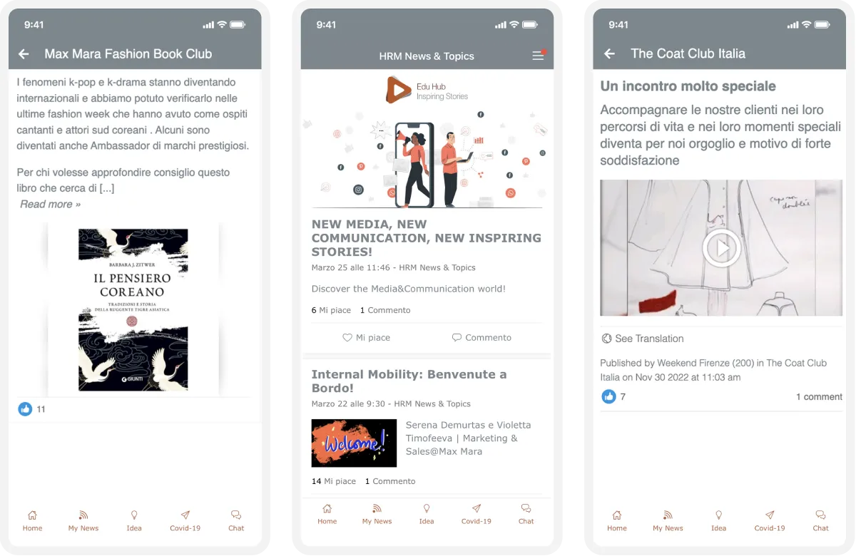 Three mobile screens showing social media posts: a book club, new media stories, and a special meeting announcement with related images and text. E,ployee app.