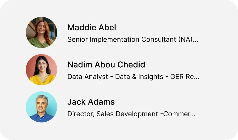 Profile cards showing three people: Maddie Abel, Nadim Abou Chedid, and Jack Adams, with their job titles and partially visible descriptions.