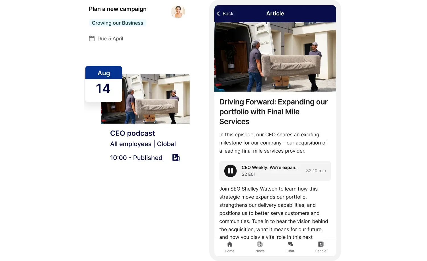 Split-screen image: Left shows a calendar event and podcast details; right shows a podcast article with movers carrying a couch.