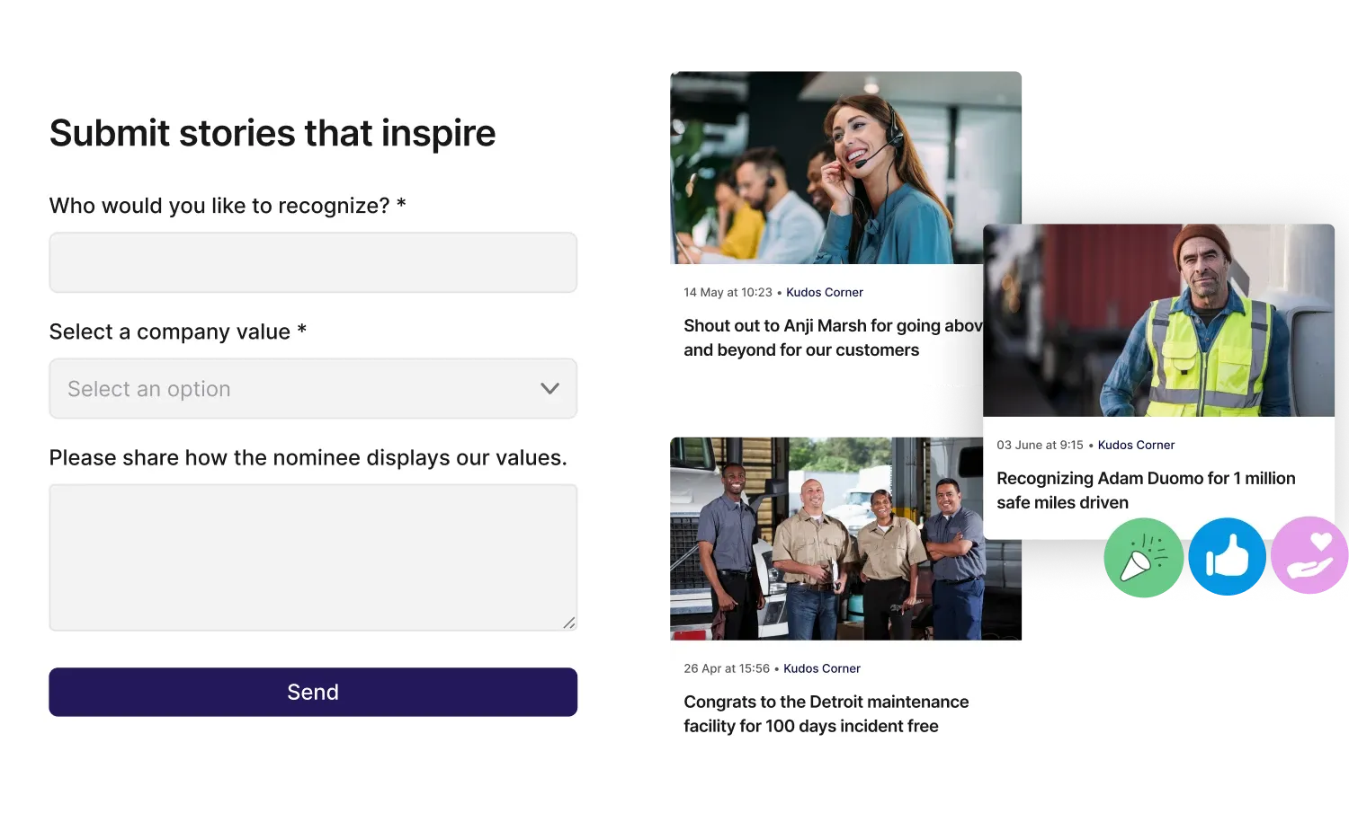 A form for submitting inspiring stories and three images of employees being recognized for their achievements with dates and descriptions.