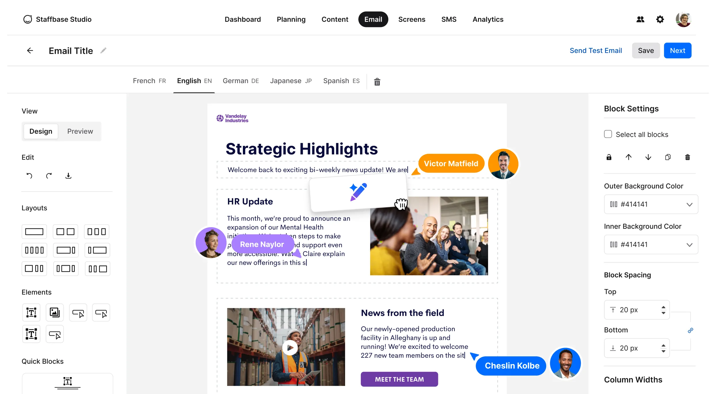 Email template editor displaying a newsletter with sections for strategic highlights, HR update, and news, featuring images and text editing options.