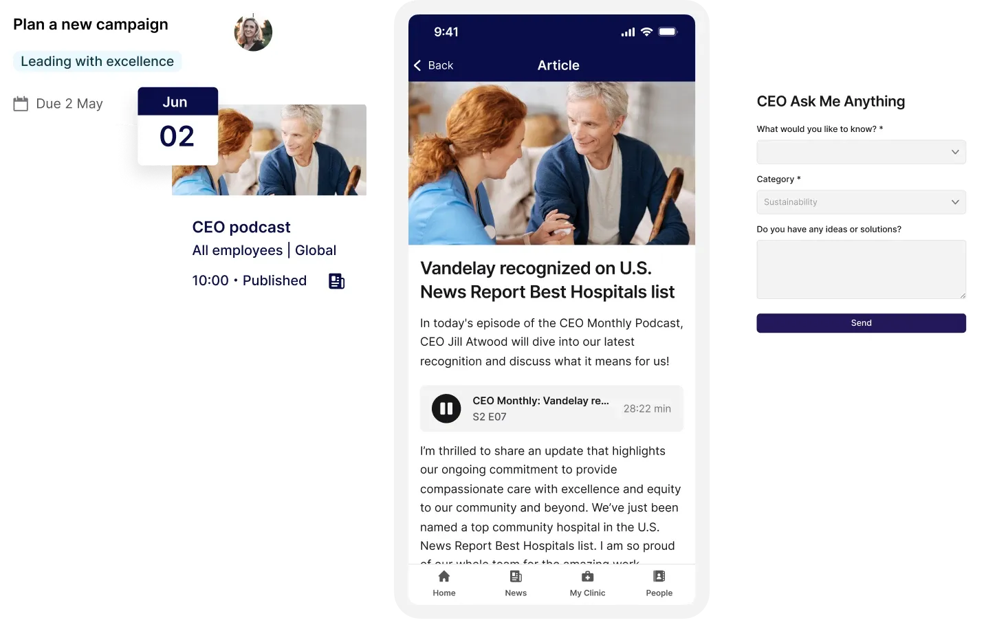 A collage showing a calendar event, podcast details, and a Q&A form, all related to a CEO discussing hospital recognition and excellence.