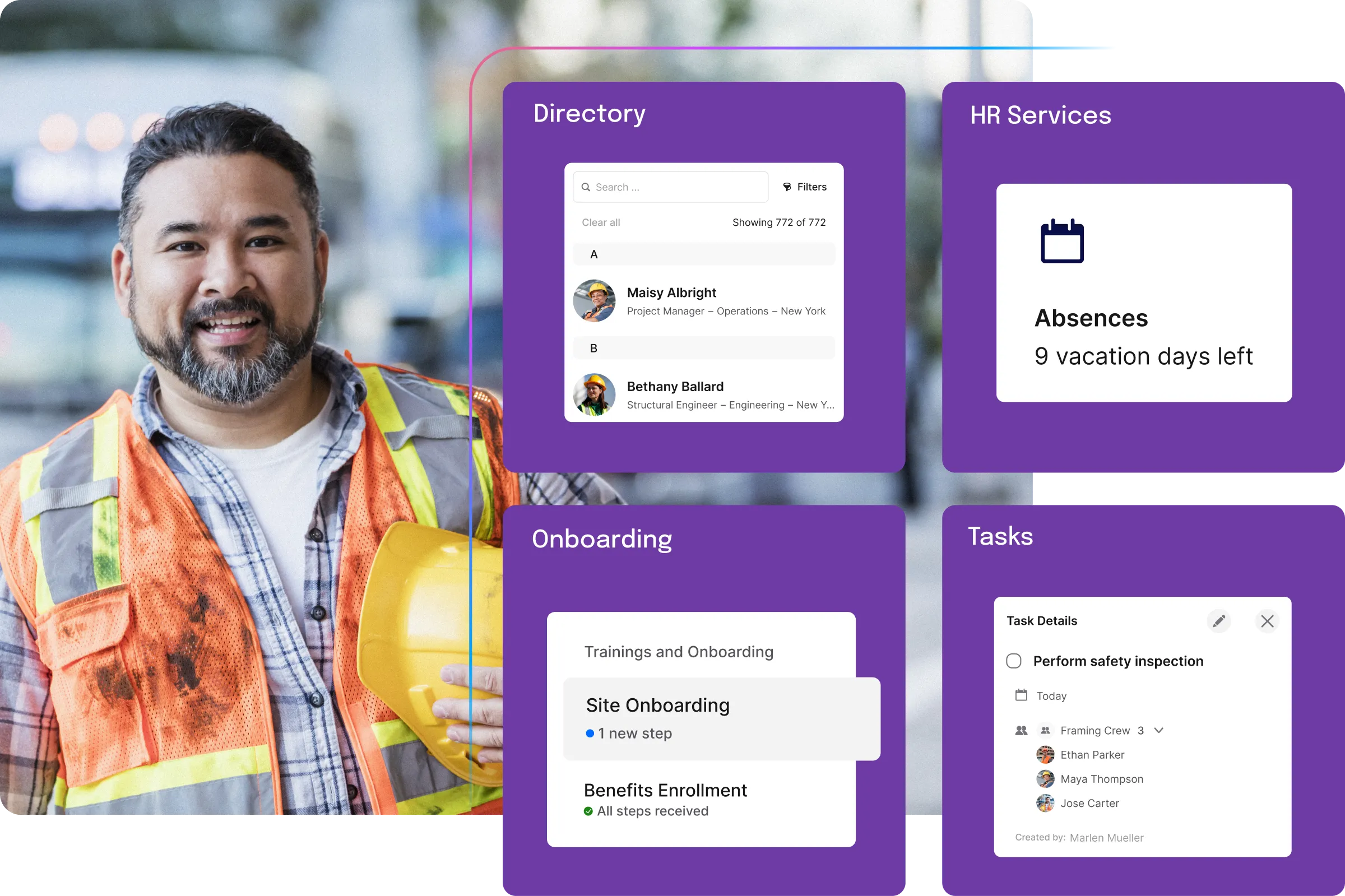 Smiling construction worker holding a yellow helmet, with digital interface showing directory, HR services, onboarding, and task details.