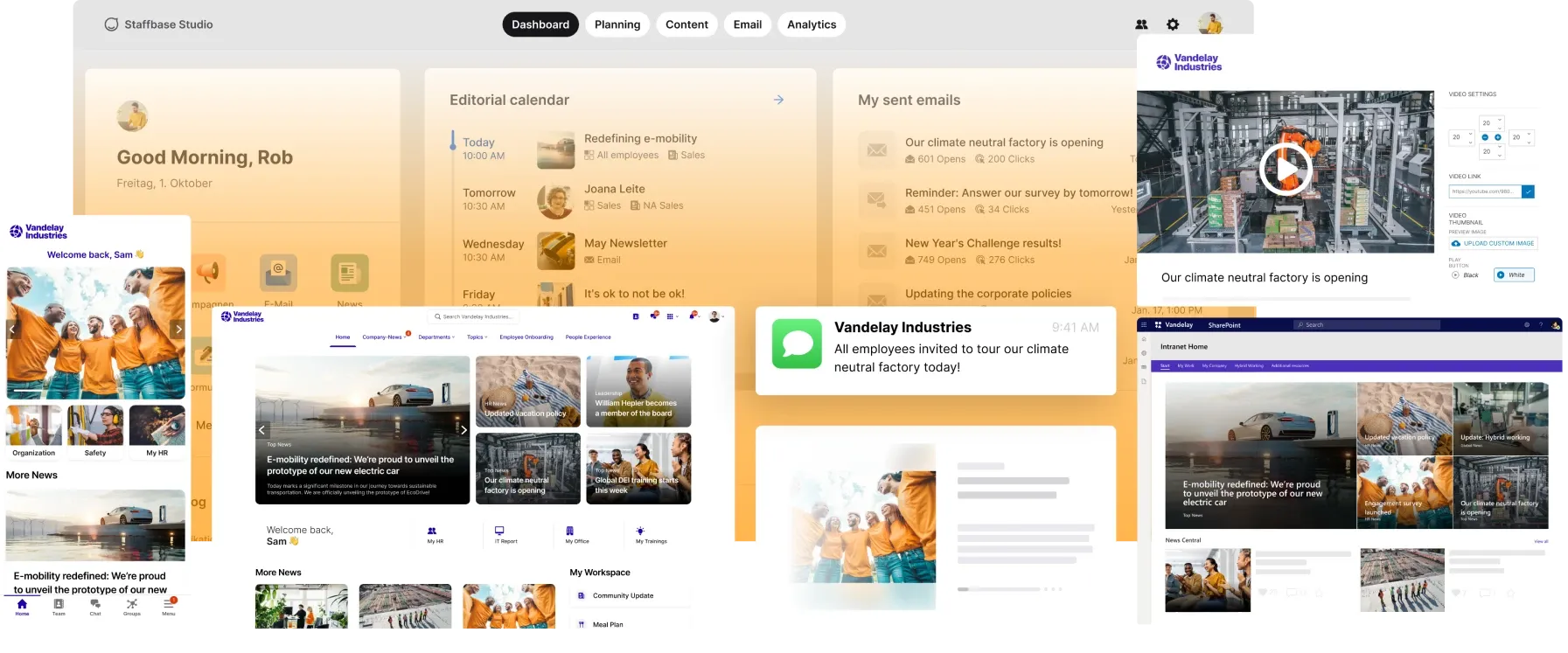 Collage of various digital dashboards and email interfaces, featuring text, images, and video thumbnails on a gradient background.