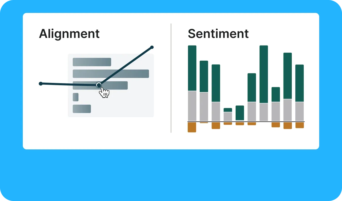 Split image: left shows an alignment diagram with a line and cursor, right shows a bar chart with varying heights labeled "Sentiment."