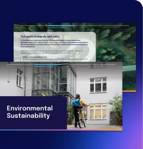 Person with a bicycle facing a modern building, overlaid with text about environmental sustainability and net-zero goals.