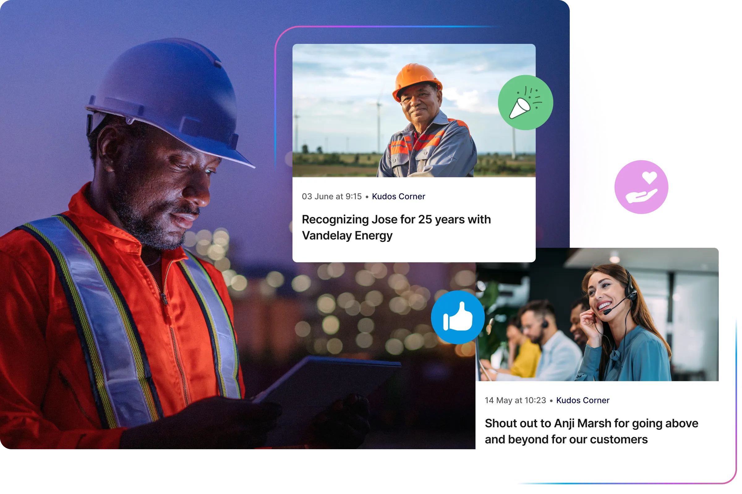 Night-shift worker in a hard hat and reflective gear uses a tablet, with employee recognition ‘Kudos Corner’ posts and reaction icons overlaid.