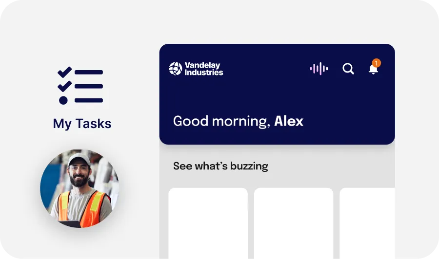 Dashboard interface showing "Good morning, Alex" with a profile picture, task list icon, and notification alert.