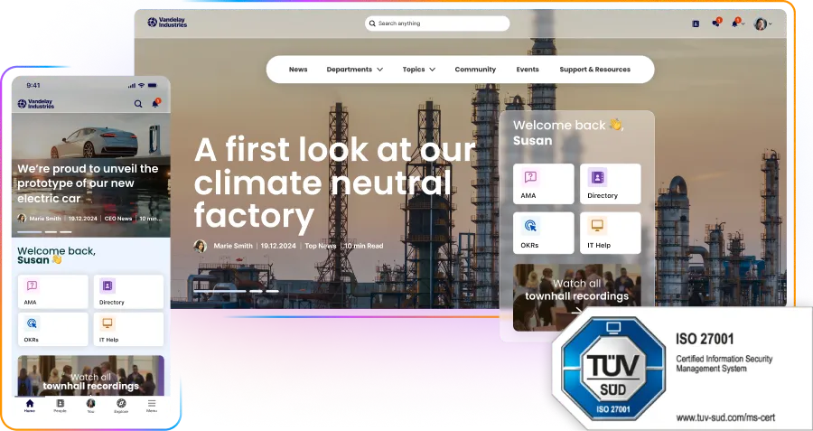 Mobile and desktop screens showing a company website with a factory background, navigation menu, and ISO 27001 certification badge.