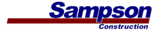 Logo of Sampson Construction featuring bold blue text with a red underline.