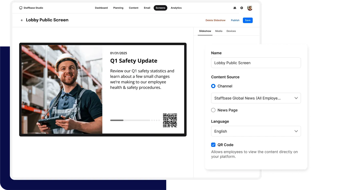 Man in safety gear holding a tablet, with a presentation on safety updates displayed on a screen. Interface options visible on the right.