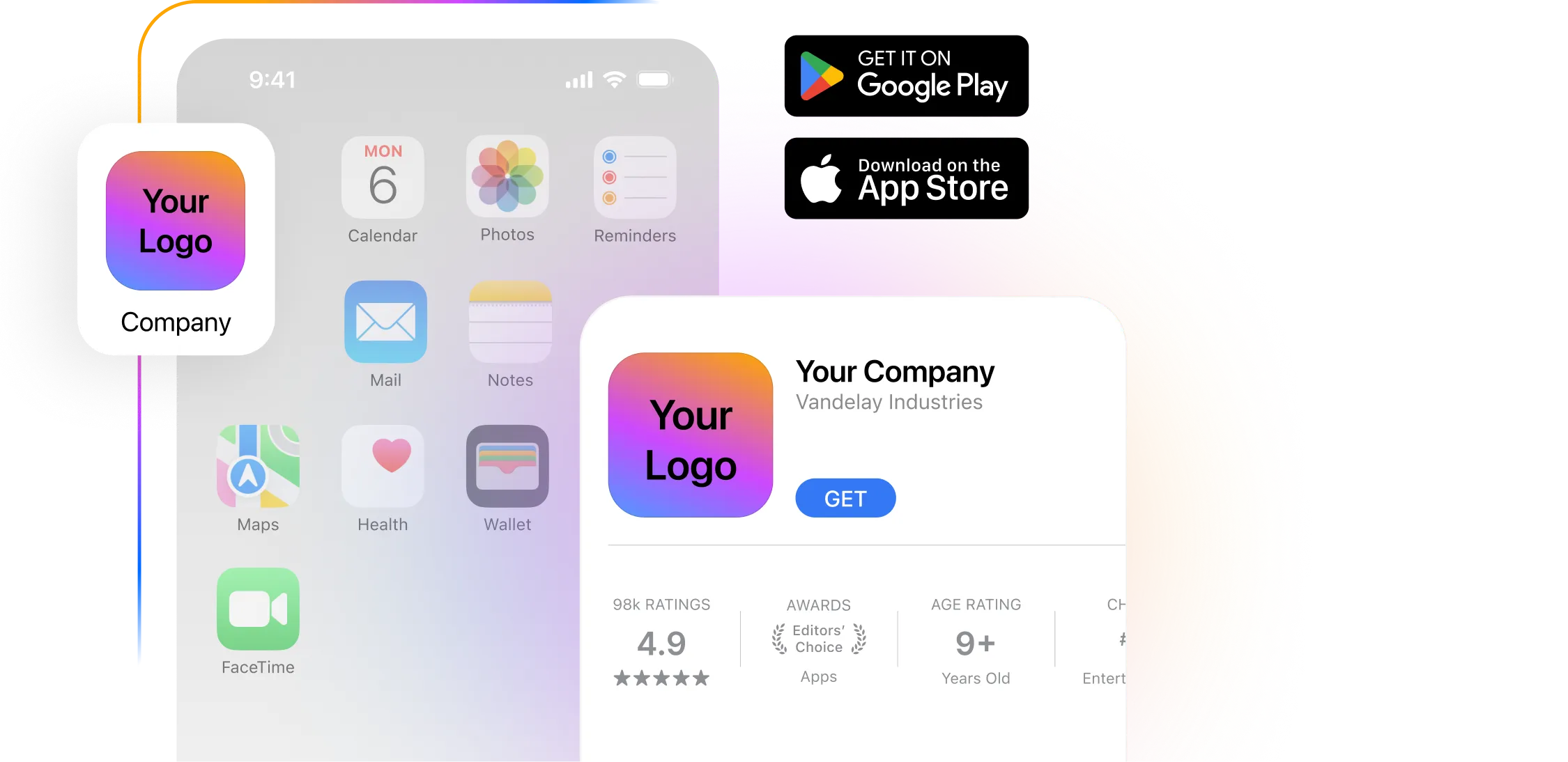 Mobile app icon with "Your Logo" on a smartphone screen, featuring download buttons for Google Play and App Store, and app details displayed.