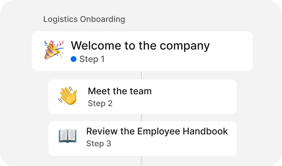 Onboarding steps: 1. Welcome to the company 🎉, 2. Meet the team 👋, 3. Review the Employee Handbook 📖.