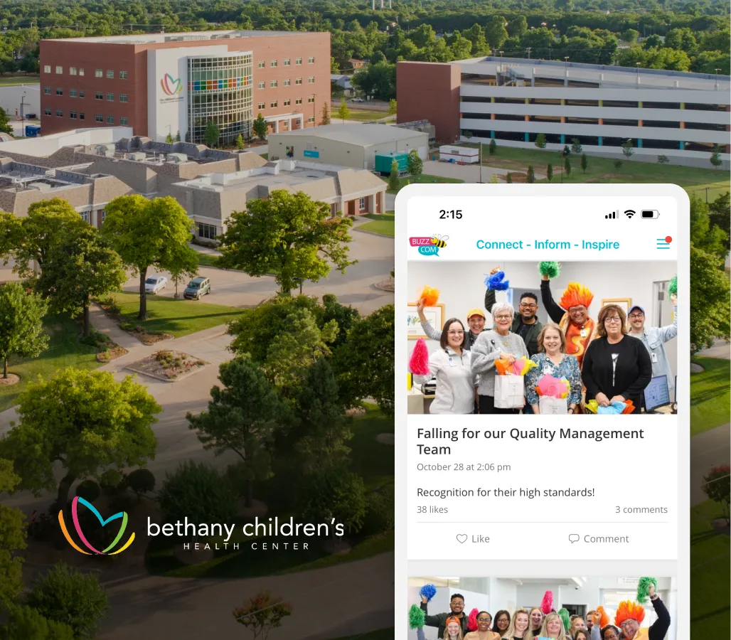Aerial view of Bethany Children's Health Center with a smartphone displaying a social media post about the Quality Management Team.